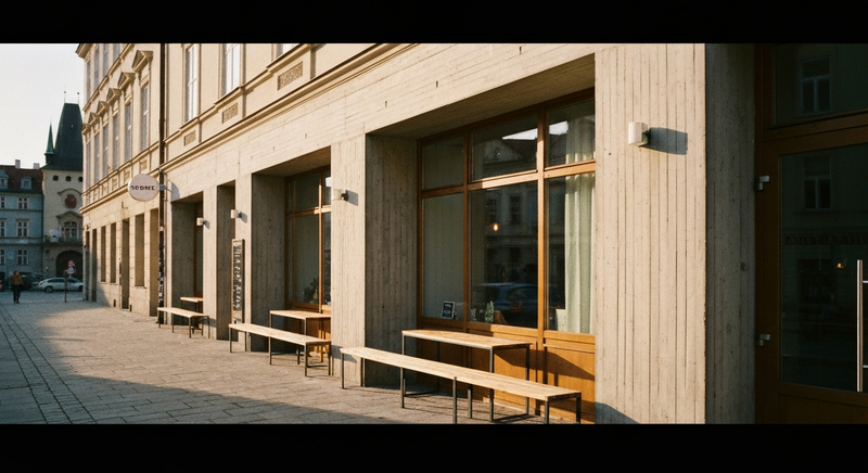 Symmetric, golden hour, minimal architectural photograph of an industrial-chic café exterior with concrete facade and oak benches, 35mm film look, no people facing camera. Prague, Czech Republic.