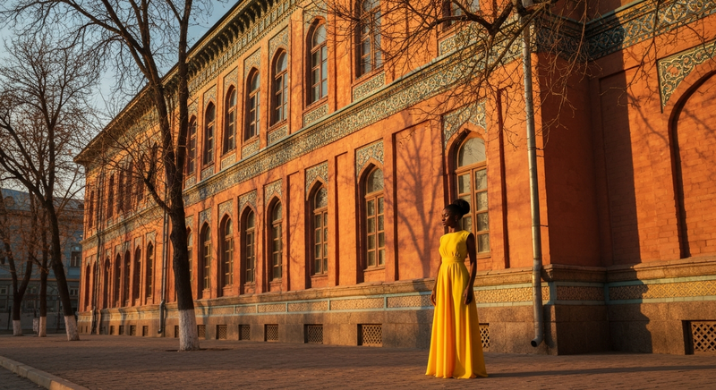 Symmetric golden hour 35mm film photograph of Zenkov Cathedral framed by bare plane trees, Almaty, Kazakhstan. Minimal composition, warm side light, fine film grain, strong vertical lines, soft shadow