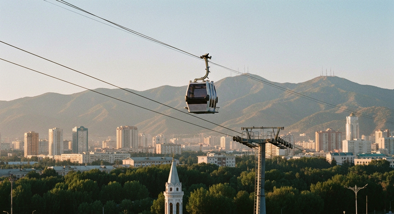 Symmetric golden hour 35mm film photograph of the Kok-Tobe cable car ascending above the city skyline with the Tian Shan foothills behind, Almaty, Kazakhstan. Minimal composition, warm rim light, soft